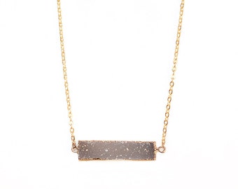 Smoky Grey Druzy Rectangle Bar Necklace-Gold Filled Chain in Your Length of Choice-Dainty - Druzy Agate Rectangle Bar Necklace Gold-Druzy
