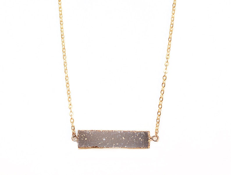 Smoky Grey Druzy Rectangle Bar Necklace-Gold Filled Chain in Your Length of Choice-Dainty Druzy Agate Rectangle Bar Necklace Gold-Druzy image 1