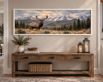 Majestic Bull Elk Mountain Canvas Print, Rustic Lodge Wildlife Art (Panoramic Landscape)