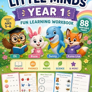 Könnte beinhalten: Ein Bright Little Minds Year 1 Lernarbeitsbuch als digitaler Download mit den Zeichentrickfiguren Oli die Eule, Rosie das Kaninchen, Sunny der Delfin und Kuma Lisa der Fuchs. Das Cover zeigt Unterrichtsfächer und beispielhafte Übungsseiten.