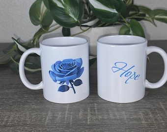 Hope Love Faith Ceramic Mug | Inspirational Blue Script Design (11 oz)