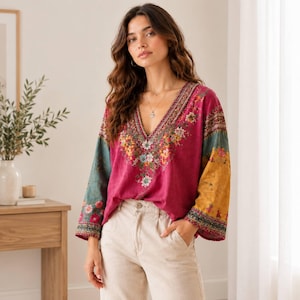 May include: A long-sleeved blouse featuring a deep V-neckline with intricate floral embroidery in shades of pink, yellow, and blue. The garment has a magenta centre panel, a teal left sleeve, and a mustard yellow right sleeve with patterned cuffs.