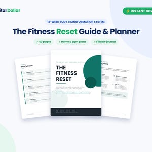 Può includere: Un sistema di trasformazione corporea di 12 settimane intitolato The Fitness Reset Guide & Planner. Il documento digitale presenta una copertina bianca con accenti circolari verde scuro, che dettaglia 40 pagine, piani casa e palestra.