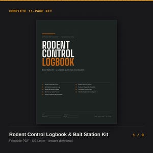 May include: A complete 11-page rodent control logbook and bait station kit in a dark grey document format. The text reads Rodent Control Logbook and lists various inspection forms, activity trackers, and service reports in white and orange.