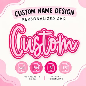 Könnte beinhalten: Eine digitale Grafik mit dem Text CUSTOM NAME DESIGN PERSONALIZED SVG in Schwarz, wobei das Wort Custom in großer rosa Schreibschrift erscheint. Darunter befinden sich vier runde Symbole mit den Beschriftungen SVG, PNG, AI und EPS sowie der Text HIGH QUALITY FILES INSTANT DOWNLOAD.