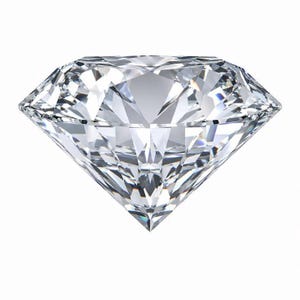 May include: A clear, colorless, round brilliant-cut diamond featuring numerous triangular and kite-shaped facets. The gemstone displays high clarity and light refraction, with sharp edges and a pointed culet at the base, isolated against a white background.