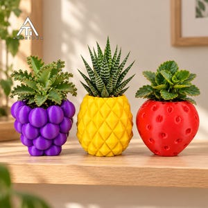 Juego de 3 macetas para frutas y suculentas: uva, piña y fresa. Archivos para impresión 3D, STL 3MF.