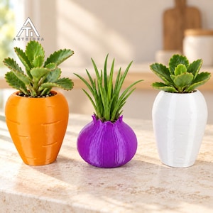 Puede incluir: Tres macetas pequeñas con forma de vegetales. A la izquierda, una maceta naranja con forma de zanahoria y una suculenta verde. En el centro, una maceta morada con forma de cebolla y una planta verde puntiaguda. A la derecha, una maceta blanca.
