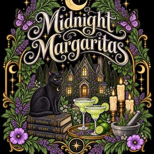 Peut inclure: Une illustration graphique avec le texte Midnight Margaritas, un chat noir assis sur une pile de livres étiquetés Potions, Herbs, et Good Times, deux margaritas au citron vert, trois bougies allumées, un mortier et des fleurs violettes.