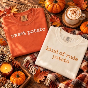 May include: An orange t-shirt with the white text sweet potato and a cream t-shirt with the brown text kind of rude potato. Both shirts feature a Comfort Colors label at the inner neckline and are displayed on a textured surface.