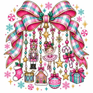 May include: A large pink and teal plaid bow hangs above a collection of dangling Christmas ornaments including a nutcracker, a ballerina, a candy cane, a gingerbread house, a drum, a stocking, a gift box, and a bauble, all accented by gold stars.