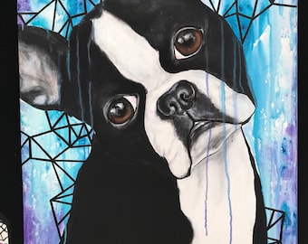 Boston terrier colorful geod print 8x10 acrylic canvas painting handmade reproduction.