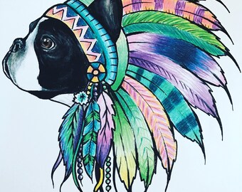 Boston terrier dog pet portrait headress indian chief colorful feather print 8x10 wall art painting