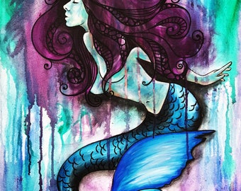 Purple hair female Mermaid acrylic painting print 8"x10" underwater sealife ocean artwork