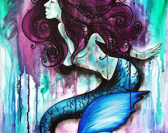 Purple hair female Mermaid acrylic painting print 8"x10" underwater sealife ocean artwork