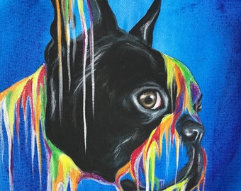 Boston terrier dog french bulldog pet portrait rainbow print handmade colorful pride 8x10