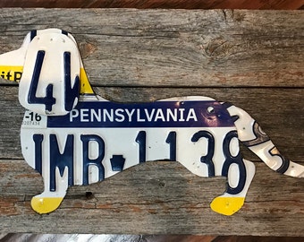 Handmade daschund dog pet license plate metal rustic decor wood sign wall art pallet