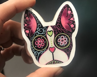 Sugar skull boston terrier/frenchie wood magnet