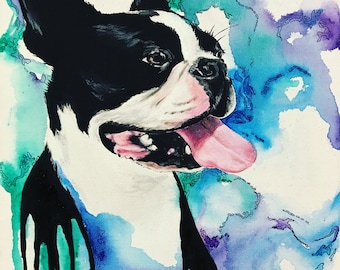Boston terrier colorful print tongue 8x10 canvas acrylic handmade painting reproduction.