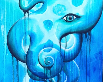Blue octopus underwater ocean art 8"x10" print sealife abstract acrylic painting