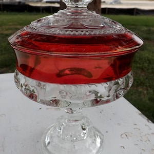 Tiffin Kings Crown ruby flashed thumbprint circular candy jar