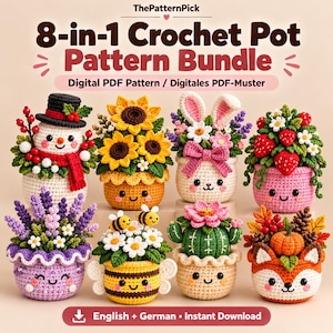 Könnte beinhalten: Ein 8-in-1 Häkelanleitungs-Set als digitales PDF mit acht verschiedenen Designs, darunter ein Schneemann, Sonnenblumen, ein Hase, Erdbeeren, Lavendel, eine Biene, ein Kaktus und ein Fuchs, alle mit lächelnden Gesichtern und bunten Details.