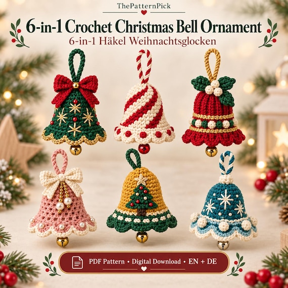 6-in-1 Crochet bell pattern bundle | Christmas ornament crochet PDFs | Jingle bell holiday decor, 6 festive designs | PDF download. EN & DE