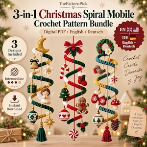 May include: A 3-in-1 Christmas spiral mobile crochet pattern bundle digital PDF in English and German. The image displays three hanging spiral decorations featuring crocheted ornaments like a moon, angel, gingerbread man, and various holiday motifs.