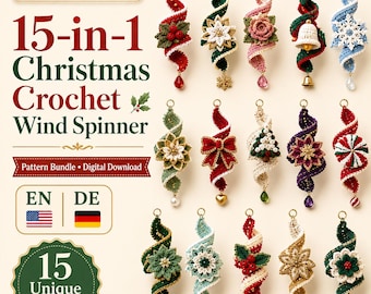 May include: A digital download pattern bundle titled 15-in-1 Christmas Crochet Wind Spinner featuring 15 unique spiral ornaments. Each crochet design includes festive elements like flowers, bells, stars, and beads in red, green, white, and gold.