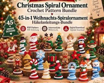 May include: A 45-in-1 Christmas spiral ornament crochet pattern bundle featuring various crocheted figures like Santa, a snowman, a reindeer, a gingerbread man, and a penguin. The digital download includes 45 unique designs for ornaments.