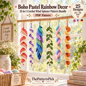 Top row of colorful crochet wind spinners featuring curled ribbons, double helixes, lace spirals and pastel rainbow hanging designs