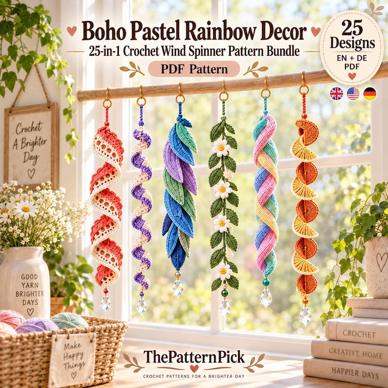 Top row of colorful crochet wind spinners featuring curled ribbons, double helixes, lace spirals and pastel rainbow hanging designs