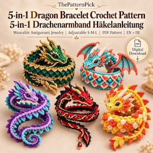 May include: A digital download crochet pattern for five dragon bracelets, titled ThePatternPick 5-in-1 Dragon Bracelet Crochet Pattern. The image displays five colorful, coiled dragon-shaped bracelets in green, blue, purple, red, and yellow.