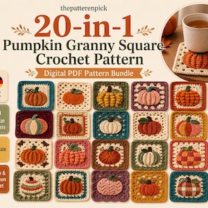 Pode incluir: Um pacote de padrões digitais em PDF intitulado 20-in-1 Pumpkin Granny Square Crochet Pattern apresentando vinte designs quadrados únicos com vários motivos de abóbora em tons de laranja, verde e creme, junto a um porta-copos de crochê.