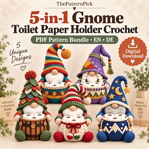 Peut inclure: Un ensemble de modèles de crochet PDF numériques intitulé 5-in-1 Gnome Toilet Paper Holder Crochet par ThePatternPick. L'image présente cinq figurines de gnomes au crochet distinctes, conçues pour contenir des rouleaux de papier toilette.