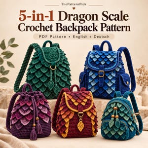 May include: Five crochet backpacks featuring dragon scale textures in various colour combinations including green, blue, purple, and red-yellow. The text reads: ThePatternPick 5-in-1 Dragon Scale Crochet Backpack Pattern PDF Pattern English + Deutsch.