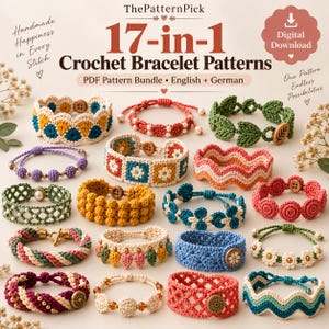 Puede incluir: Una colección de 17 patrones de pulseras de ganchillo presentados como descarga digital. La imagen muestra varias pulseras hechas a mano con diversos colores, texturas y diseños, incluyendo botones, cuentas y motivos florales.