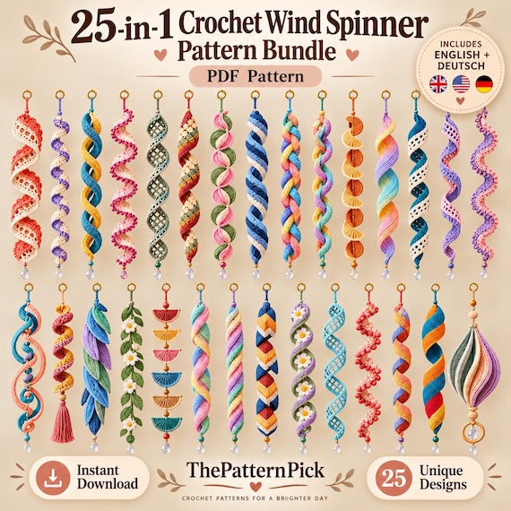 25-in-1 Crochet Wind Spinner PDF EN-DE | Spiral Crochet Bundle | Boho Rainbow Hanging Decor | Window  Porch Patterns | Instant Download