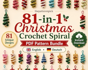 May include: A collection of 81 crochet spiral Christmas ornaments in various colors and designs, including stars, snowmen, and bows. The text reads 81-in-1 Christmas Crochet Spiral PDF Pattern Bundle, thepatternpick, 81 Unique Designs, and Instant Download.