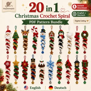 20-in-1 Christmas Crochet Spiral Pattern Bundle PDF | Wind Spinner Ornament Pattern | Santa Snowman Reindeer Elf Penguin | EN & DE Instant