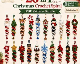 May include: A digital PDF pattern bundle titled 20 in 1 Christmas Crochet Spiral featuring twenty distinct crochet ornament designs including Santa, a reindeer, a snowman, a penguin, a nutcracker, and a snowflake, each with a hanging loop and bell.