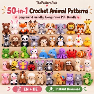 May include: A digital collection titled 50-in-1 Crochet Animal Patterns Beginner-Friendly Amigurumi PDF Bundle, featuring 50 colorful crocheted animal figures arranged on tiered shelves, including a bear, rabbit, fox, deer, cat, dog, and elephant.