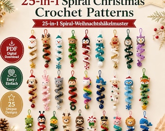 May include: A digital download bundle of 25 crochet patterns for spiral Christmas ornaments. The image displays 25 unique, colorful, crocheted characters, each attached to a spiraling base, including animals, holiday figures, and festive icons.