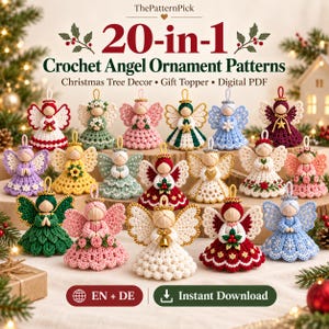 May include: A collection of twenty small crocheted angel ornaments in various colors and designs, including floral and snowflake motifs. The text reads 20-in-1 Crochet Angel Ornament Patterns, ThePatternPick, EN + DE, and Instant Download.