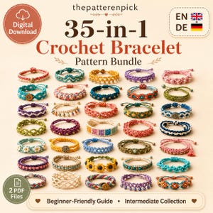 Può includere: Un pacchetto di download digitale con 35 modelli di braccialetti all'uncinetto. L'immagine mostra una griglia di vari braccialetti colorati fatti a mano con diverse texture, perline e motivi floreali. Il testo include '35-in-1 Crochet Bracelet Pattern Bundle', 'Digital Download', '2 PDF Files', 'Beginner-Friendly Guide' e 'Intermediate Collection'.