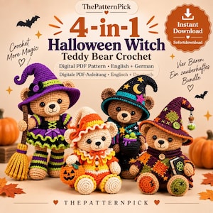 Puede incluir: Un patrón de ganchillo en PDF digital para cuatro osos de peluche con temática de Halloween. La imagen muestra cuatro osos tejidos con sombreros de bruja y disfraces, incluyendo una escoba, un cubo de calabaza, un caldero y un libro. Texto: 4-in-1 Halloween Witch Teddy Bear Crochet.