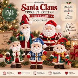 Puede incluir: Un paquete de patrones de ganchillo en PDF digital que presenta cinco muñecos de Santa Claus distintos. El texto dice Santa Claus Crochet Pattern 5-in-1 Bundle, English & Deutsch y Small Stitches Big Happiness. Los muñecos visten trajes rojos, verdes y azules.