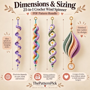 Teal and mustard crochet double-helix hanging decoration formed from two intertwined spiral ribbons