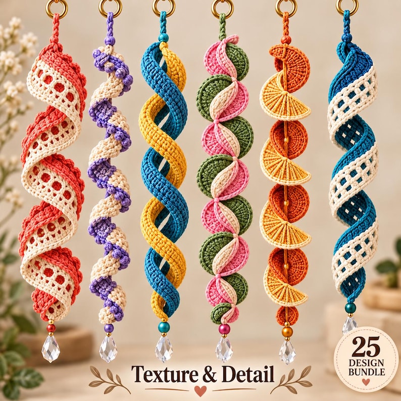 Pastel ombre crochet helix hanging decoration blending pink, peach, yellow, mint, aqua and lavender shades