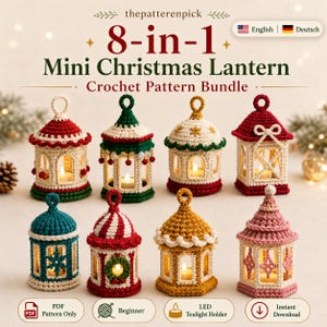 Puede incluir: Un paquete de patrones de ganchillo para 8 mini linternas de Navidad, con ocho diseños diferentes en colores como rojo, verde, dorado y rosa. Cada linterna tiene un lazo en la parte superior y contiene una vela LED de té.